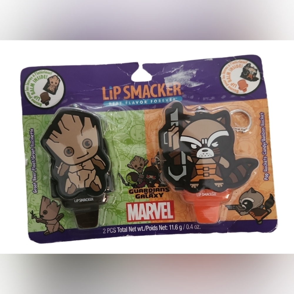 Marvel Lip Smacker set of Lip Balms Groot Beer PoP Rocket Candy Bag Clip